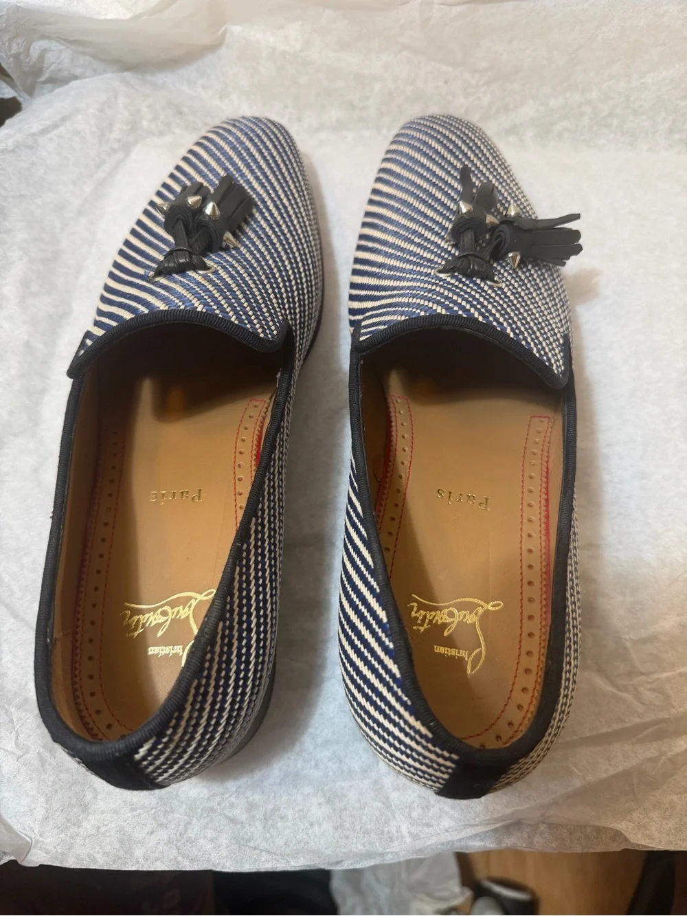 Christian Louboutin Navy & White Woven Tassel Loafers